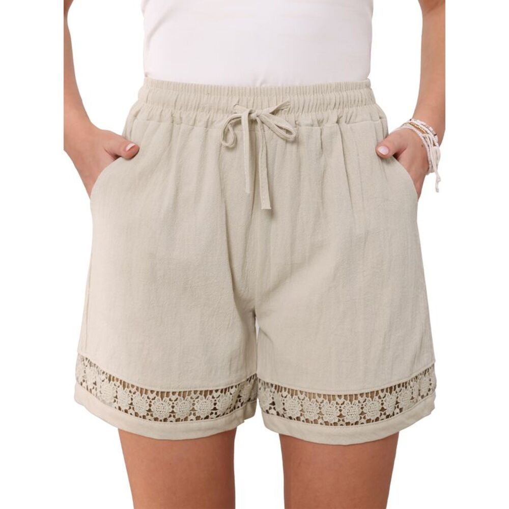 Women Summer Linen Drawstring High Waisted with Pockets Shorts Beige